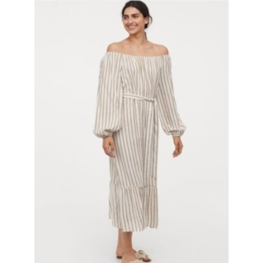 H&M Off Shoulder Maxi Dress Womens 10 White Brown Stripe Beach Vacation Coastal
